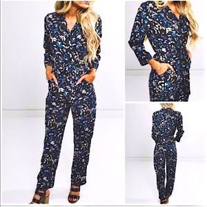 Stevie Hender Navy Floral Long Sleeve Jumpsuit with Collar and Tie Waist Small